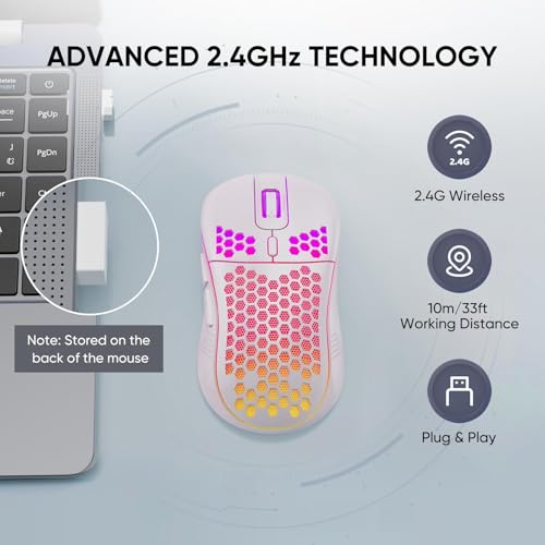 Uniiking® Wireless Gaming Mouse Honeycomb 2.4G USB Cordless Mouse RGB Rechargeable PC Game Mice with 7-Color LED Lights，3 Adjustable DPI for Windows Laptop Desktop Computers -White