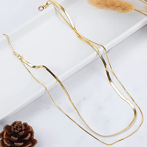 UHIBROS Layered Necklace for Women, 14K Gold Plated S925 Sterling Silver Snake Chain Necklace, Dainty Choker Necklace for Teen Girls