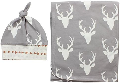 Gray Buck Deer Newborn Swaddle Set Swaddle Blanket Boy Top Knot Hat Boy Swaddle Set Stag Deer Jersey Swaddle Baby Blanket Gray