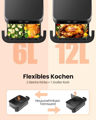 WELLENT 12L Dual Zone Airfryer XXL - 2950W Hot Air Fryer 2 Chambers (6+6L) - Hot Air Fryer Double Chamber with Viewing Window, Match & Sync Function, Shake Reminder, Dishwasher Safe