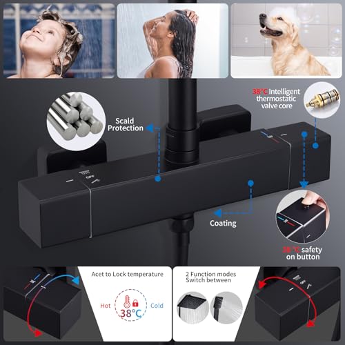 HOMELODY Shower System with Thermostat Black - Shower Fitting Stainless Steel Rain Shower with Fitting, Complete Set 2 Shower Head Safety Lock at 38 °C, Shower Fitting Black