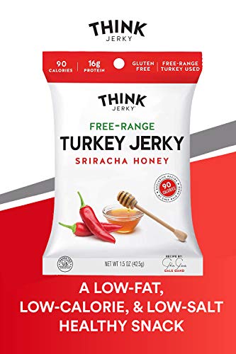 Sriracha Honey Turkey Jerky by Think Jerky - Delicious Chef Crafted Jerky - Free-Range Turkey With No Gluten or Antibiotics Added - Healthy Protein Snack Low in Calories and Fat - 2.2 Ounce (4 Pack)