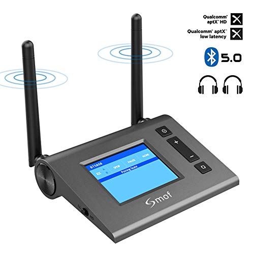 Bluetooth 5.0 Transmitter Receiver with LED Display 3 in 1 Long Range Audio Adapter for TV,PC,Home Stereo Speaker, aptX Low Latency Dual-Link Adapter for 2 Headphones,Optical 3.5mm AUX RCA (Iron gray)