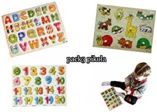 Wooden Peg Puzzles for Toddlers (Set of 3) These Educational Toy Puzzles with Knobs will Advance your Child's Learning with The Alphabet, Numbers and Animals by Pikola