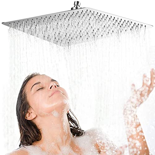 Alta Presión Montaje Fijo de Cabeza de Ducha de lluvia-16 Pulgadas/40cm Gran Cuadrada 304 de Acero Inoxidable Ducha de Spray - 1/2'' Conector, Rotación de 360 Grados-con Boquilla de Silicona- Ultra Fino Ahorro de Agua Regaderas Fijas para Baño Gigante Piso Individual-RabbitStorm
