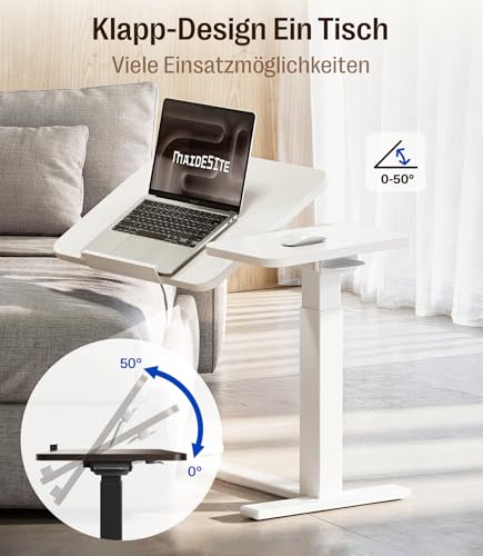 MAIDeSITe Side Table with Wheels, C-Shaped Height-Adjustable Bed Table, 70 x 40 cm Standing Table, Mobile Laptop Table with Split Table Top and Concealed Castors - Fit Dual