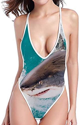 Micandle Women High Cut Low Back One Piece Straps V Neck Print Swimwear Monokini Beach Bathing Suits