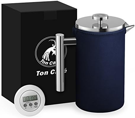 French Press Coffee Maker (1 Liter, 34Oz) with Coffee Cozy and Timer, Double Wall Vacuum Insulated Stainless Steel Press Pot for Coffee and Tea, Blue Cosy