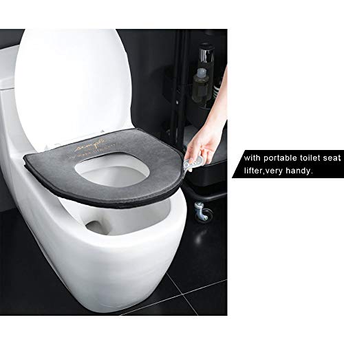 TuuTyss Soft Warm Comfortable Zipped Velvet Plush Cloth Toilet Seat Covers Pad with Toilet Seat Lifter,Grey - Thumbnail 3