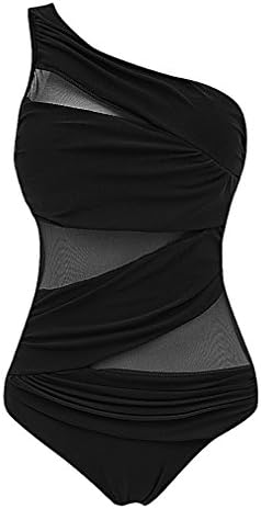 BKNY, Women's One Piece Cut Out One Shoulder Strap Monokini See Through Mesh, Black M (Manufacturer size L)