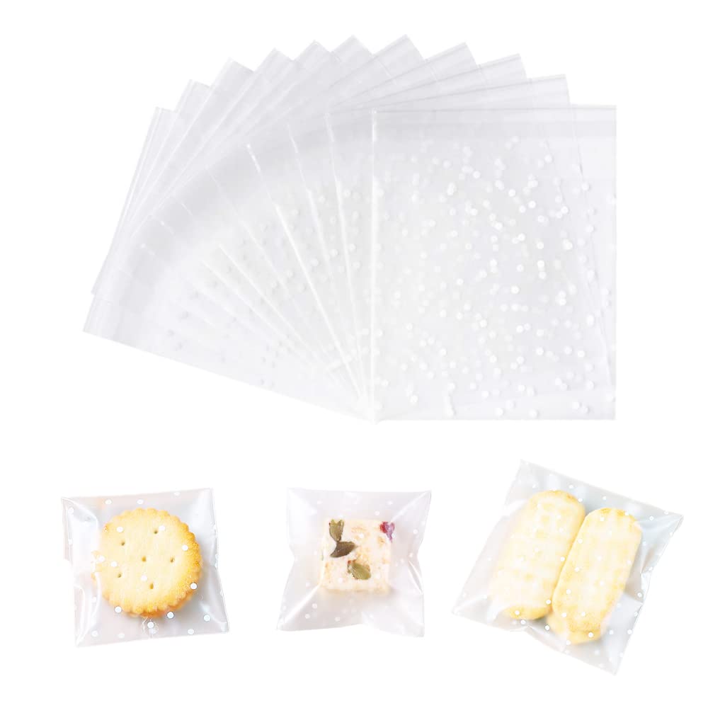 200 Pcs Clear Cellophane Bags, Cookie Bags Thickened Self Seal Cellophane Bags White Polka Dot Packaging Bag Plastic Small Sweet Bags for Bakery, Cookie, Candies, Gift (5.5 X 5.5+3cm)