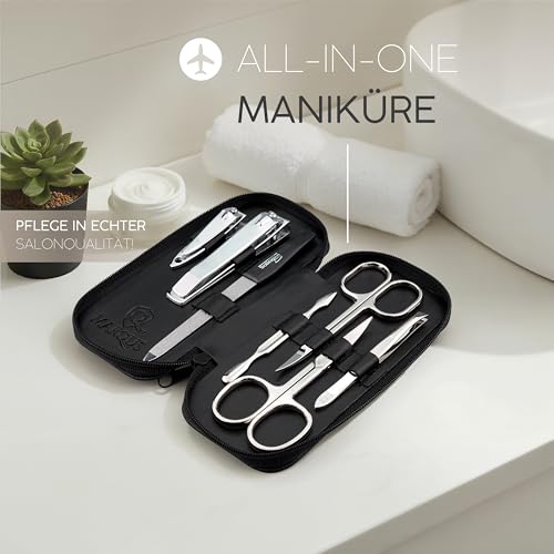 Solingen Manicure Set – Comparison Winner – Genuine Leather Case Handy and Soft – 7 Piece Complete Set for Men and Women marQus Made of Shiny Nickel-Plated Polished Steel