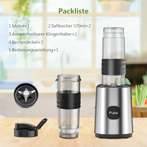 Mixer, Smoothie Maker, Standmixer, 500W Smoothie Mixer mit 2x570ml Smoothie Flaschen BPA frei Tritan,Tragbarer Blender Smoothie Maker aus Edelstahl 4-Klingen-System,für Jede Art von Shake und Smoothie