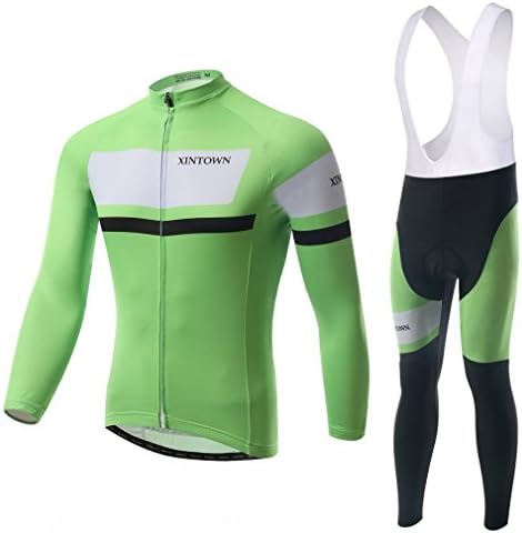 BESYL Unisex Green Black White Printed High-Performance Mesh Cycling Cloting Suit, Breathable Long Sleeve Cycling Jersey and Bib Padded Pants Kit for Bicycle Bike Riding Biker