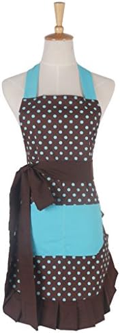 2016 Floral Pattern Double Layer Women Cooking Baking Kitchen Apron 100% Cotton Garden Apron with Pockets Great Gift For Wife Ladies (Brown Ground with Blue Polka Dot)