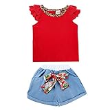 Urparcel Girls Bowknot Chiffon Dots Tops T-shirts Lace Culottes Outfits Set 2-7Y