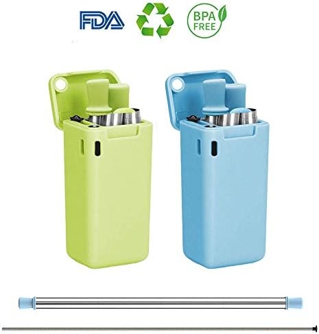 LOVEUUU Collapsible Reusable Drinking Straws, Stainless Steel Premium Food-grade Portable Straw Foldable Metal Straws with Case and Cleaning Brush FDA Approved & BPA Free (Blue & Green)