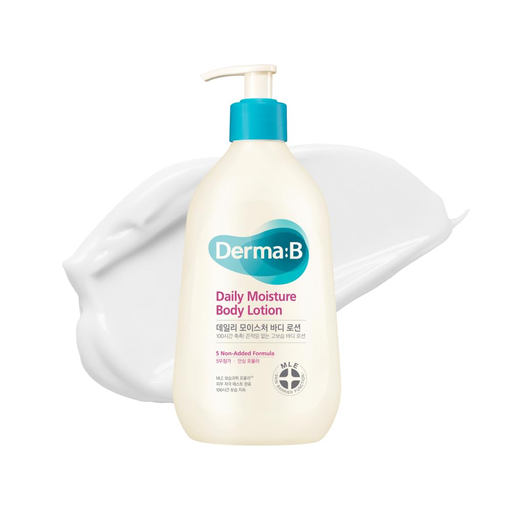 Derma B Daily Moisture Body Lotion | Body Cream for Dry Skin | Long-Lasting Body Moisturizer for Sensitive Skin | Woody & Powdery Scented | Skincare with Panthenol, Shea Butter | 13.5 fl oz (400ml)