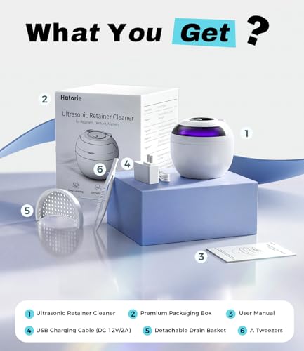Ultrasonic Retainer Cleaner Machine, 45kHz Deep Gentle Dental Cleaning Pod with 304 Stainless Steel Tank, 4 Cleaning Modes for Aligners, Dentures, Mouth Guards, Night Guards, Toothbrush Heads