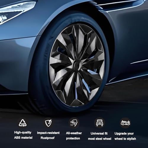 Hubcaps Wheel Cover Replacement R16 Size Hub Cap Universal-Fit Steel Wheel Rim Caps ABS Tire Covers for Most Cars Trucks Sedans SUV -Set of 4（16-inch，Black）