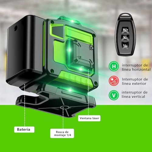 Nível Laser Autonivelante de 360 graus, Laser Verde Nível 16 linhas, 2 x 360 Horizontal e 2 x 360 Verticais, 2 x Bateria, Montagem na Parede, Controlo Remoto, Base Magnética, Suporte Rotativo, Tripé
