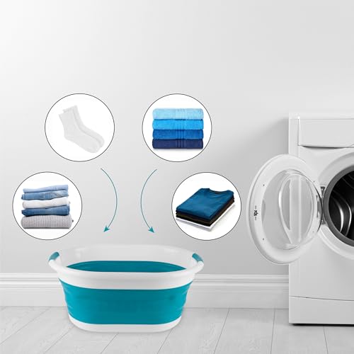 Beldray LA034816TQ Foldable Oval Basket - with Durable Plastic Handles, 37L Capacity, Turquoise, Lightweight, Space Saving Solution, Laundry Basket, Foldable Laundry Basin
