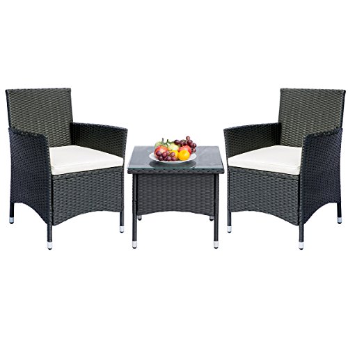 Romatlink Outdoor Furniture 3 Piece Patio Bistro Set 2 Chairs with Glass Top Table All-Weather W ...