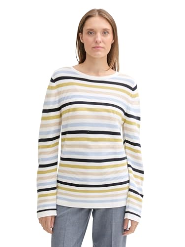 Tom Tailor Maglione da Donna in Cotone Biologico, 37563 – Green Blue Knit Stripe Design, XXS