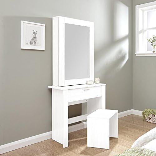Stylish Design Sliding Door 1 Drawer Dressing Table Set with Mirror & Stool Included (Material: Solid Wood , Assembly Required) (White)