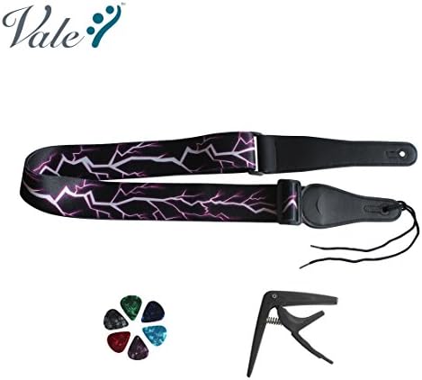 VALE Adjustable “Purple Lightning Bolt” Guitar Strap with Leather Ends and Pick Pocket for Electric/Acoustic Guitar