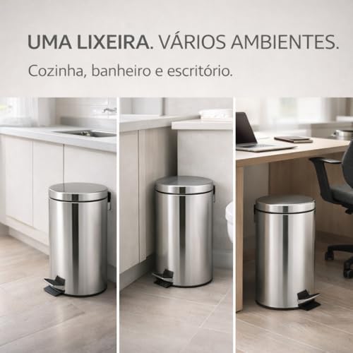 Lixeira Inox 12L com Pedal e Tampa Redonda 40cm Abertura Sem Mãos Compacta para Cozinha Banheiro Escritório Fácil Limpeza