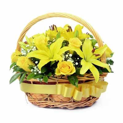 Florazone Morning Basket Arrangement of Yellow Lilies and Roses