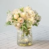 Artificial LED White Rose Flowers with Glass Vase, Remote Control Led Light, Flower Arrangement for Table Centerpiece, Home Office Wedding Decoration