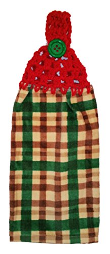 Handcrafted Cherry Red Crochet Topped Christmas Green Stripes Kitchen Towel