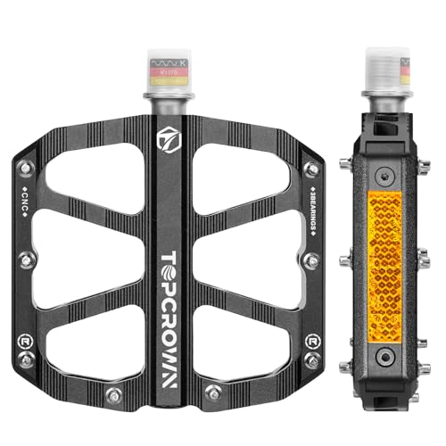 Topcrown Mountain Bike Pedals with Reflectors, Aluminum Metal Bicycle Flat Pedals 9/16"