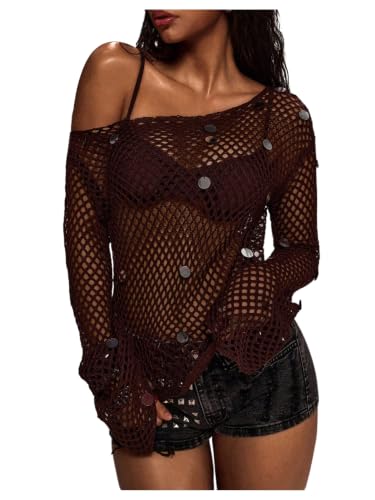 WDIRARA Women's Hollow Out Off the Shoulder Sweaters Sequin Long Sleeve Knit Top Cover Ups Khaki X-Small at Amazon