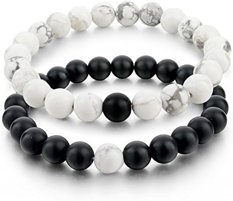 His and Her Couples Bracelets Black White Yin Yang Matte Agate Beaded Bracelet Set – 2PCS