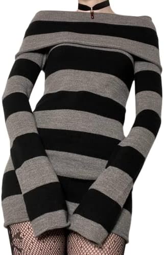 black and grey striped sweater dress MOBJVIY Women Striped Sweater Dress Stretch Soft Knit Short Dress Longsleeve Off Shoulder Top Bodycon Mini Dress (US, Alpha, Small, Regular, Regular, Black) at Amazon Women's Clothing store