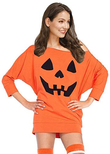 Halloween Womens Pumpkin Off Shoulder Sweatshirt Orange 3/4 Sleeve Pullover Tops M - Thumbnail 2