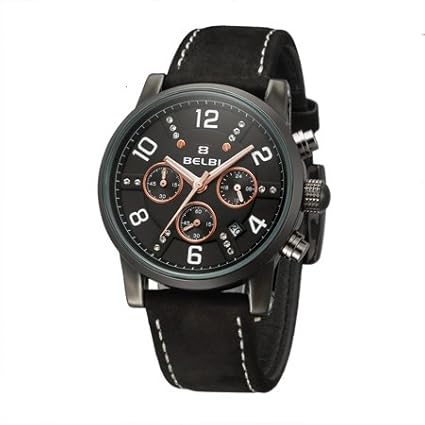 BAJEETA Chronograph Sport Men Watch Calendar Leather Quartz Watches Male Military Fashion Date Wristwatch - Black