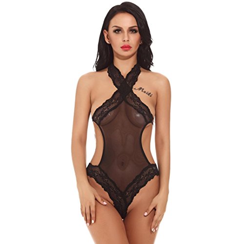 WM & MW Clearance Sexy Women Lingerie Teddy Bodysuit Plunging Lace Bandage Snaps Crotch Nightwear (XX-Large, Black)