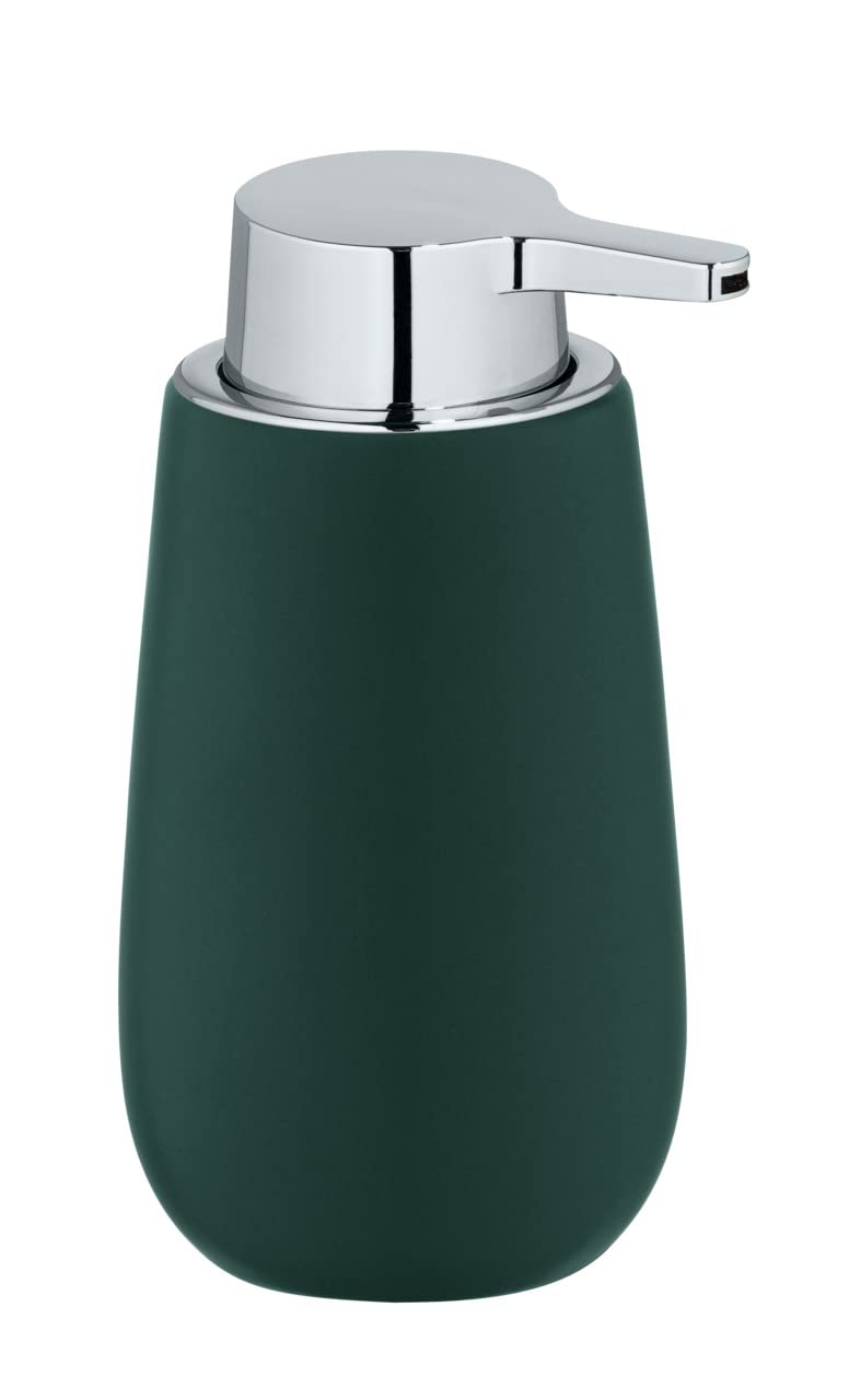 WENKO Badi soap dispenser, refillable liquid soap dispenser made of high-quality ceramic with matt surface, pump head made of robust plastic, filling capacity 320 ml, 9.5 x 16 x 8 cm, Dark green