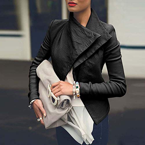 UONQD Fashion Women Turn-Down Coat Solid Tops Leather Loose Long Sleeve Coat(X-Large,Black) - Thumbnail 2