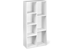 Amazon Basics 7 Cube Organizer Bookcase Shelf, Storage for Home and Office, 9.25"D x 19.49"W x 41.73"H, White