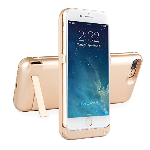 i.VALUX iPhone 7 Plus Battery Case Charger [Extra Bonus-Tempered Glass Screen Protector], 10000mAh External Battery Backup Protective Charger Case with Stand for iPhone 7 Plus (5.5") (Gold)