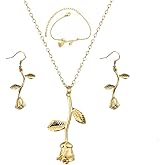 ONLYJUMP 3Pcs 3D Rose Jewelry Sets for Women Plated Gold Silver Drop Earrings Necklace Bracelet Stainless Steel Elegant Romantic Gift for Wedding Birthday Valentine's Day