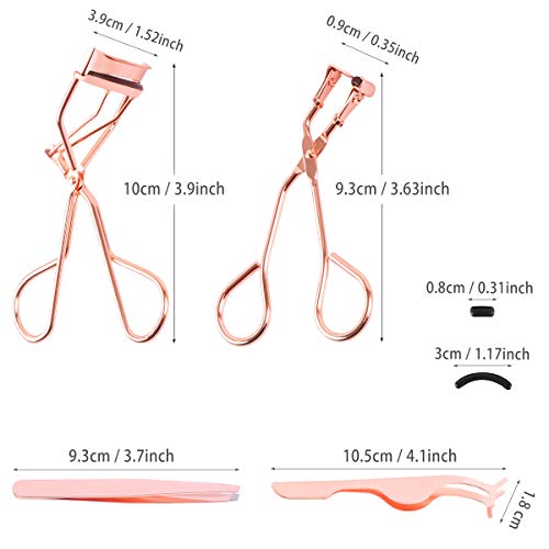 Eyelash Makeup Tools Set, Include 4 Pieces Eyelash Curler, Mini Eyelash Curler, False Eyelashes Extension Tweezers and 40 Pieces Black Silicone Refill Pads with Clear OPP, Rose Gold
