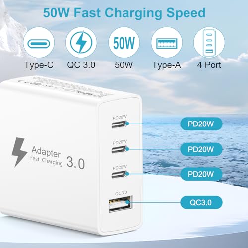 EU Travel Adapter Charger, 50W European Plug Adapter Fast Charging with 3 USB C+1 USB A, European Wall Adaptor EU Plug Fast Charger Compatible with iPhone 17 16 15 14 13 11 Pro Max,Samsung Galaxy