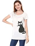 Allegra K Lady Round Neck Short Sleeve Cat Prints Loose Tunic Top L White