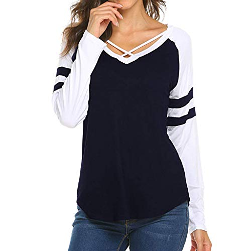 Mayunn Women's Sexy Long Sleeve V Neck Shirts Patchwork Cross Undershirts T-Shirt Blouse Tops